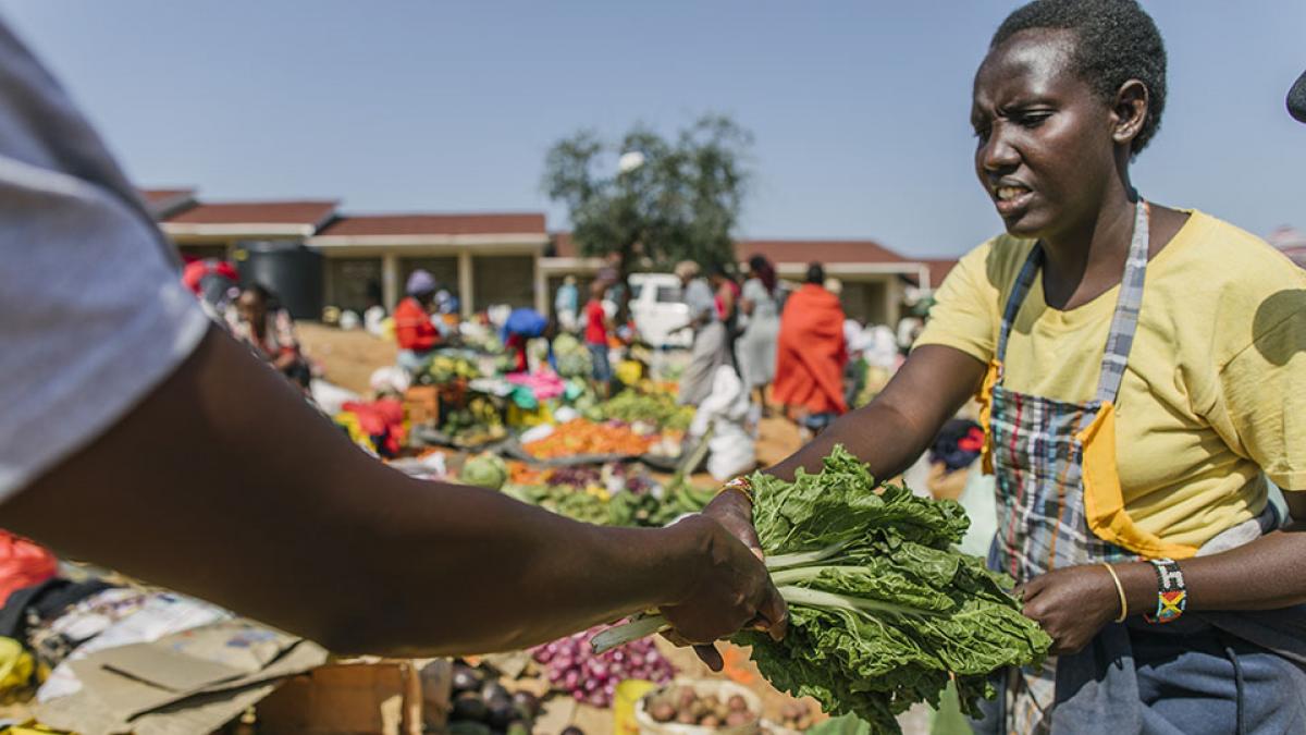 Woman handling produce at a market